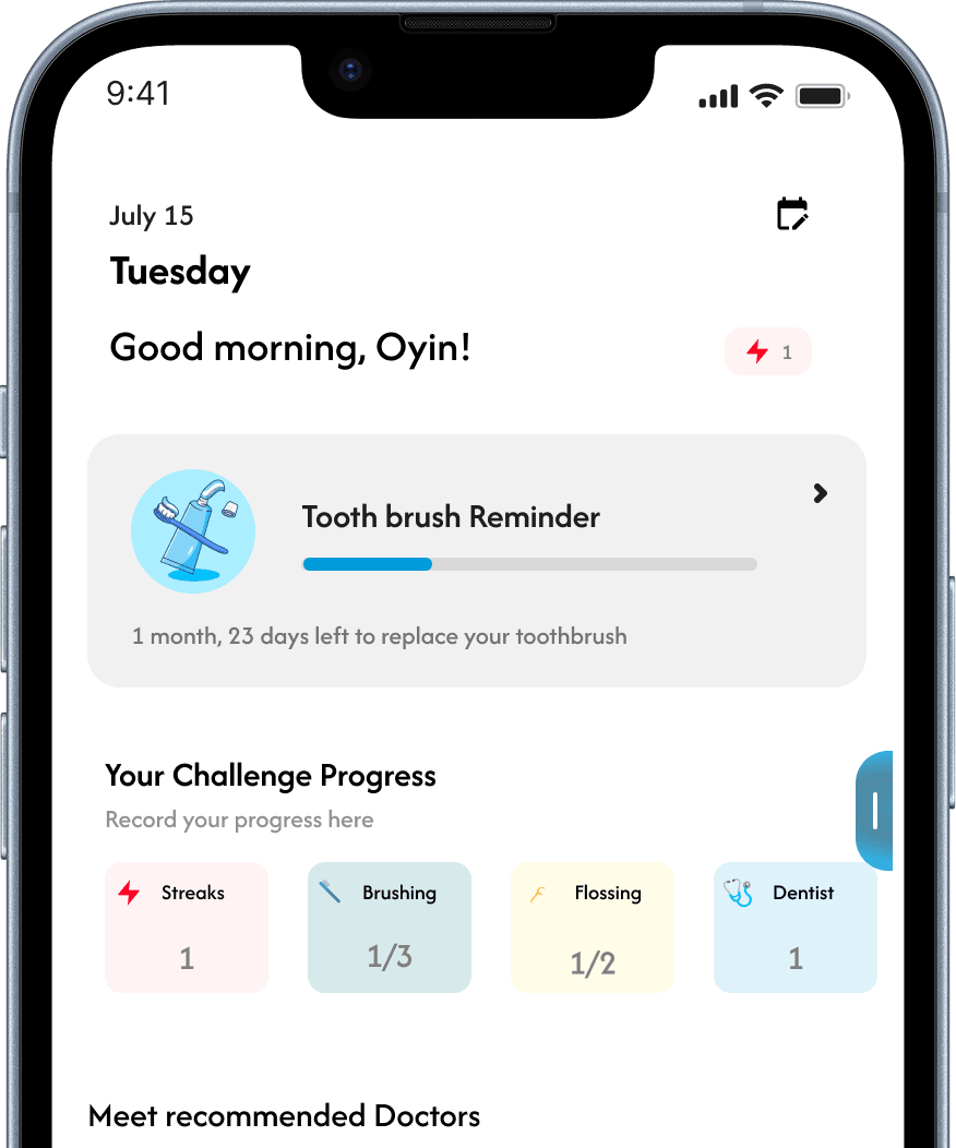 App screen showing dental companion interface